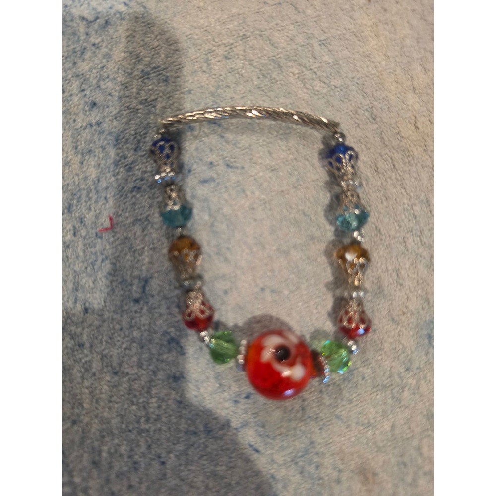 Handmade Multi‎ Color Glass Bead Silver Tone Cable Bangle Stretch Bracelet